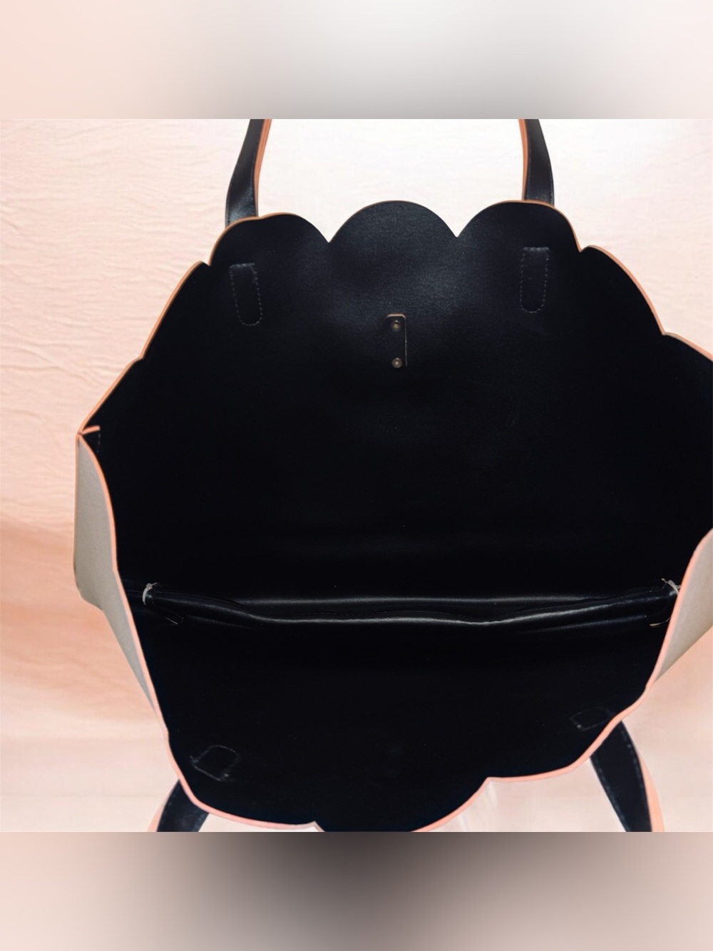 Scalloped Edge Taupe Tote with Black Bow - Picture 3 of 5